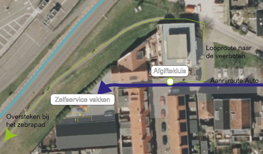 Plattegrond van het terrein van Autostalling De Bazuin met afgiftekluis en looproute naar de veerboten